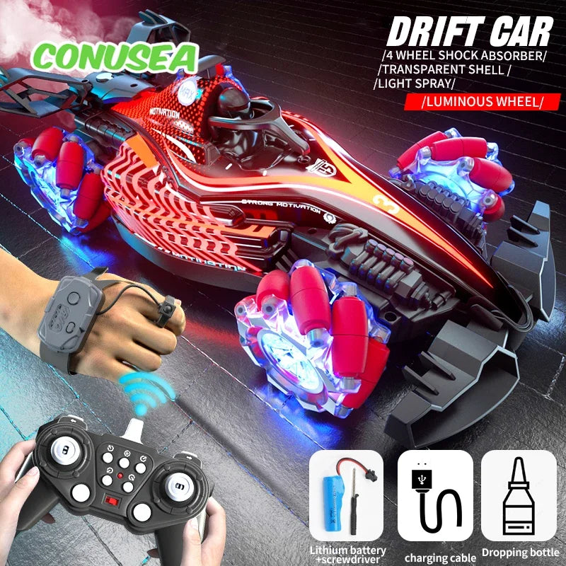 Voiture RC Drift 360° DriftMaster-Fumée Réelle, LED, Son, Télécommande & Bracelet Gestuel