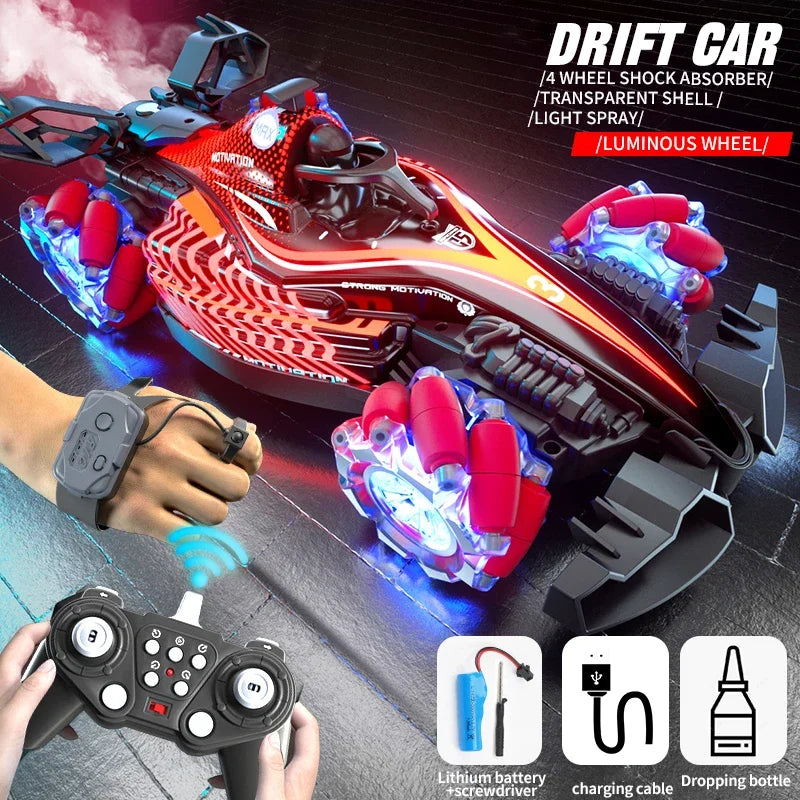 Voiture RC Drift 360° DriftMaster-Fumée Réelle, LED, Son, Télécommande & Bracelet Gestuel