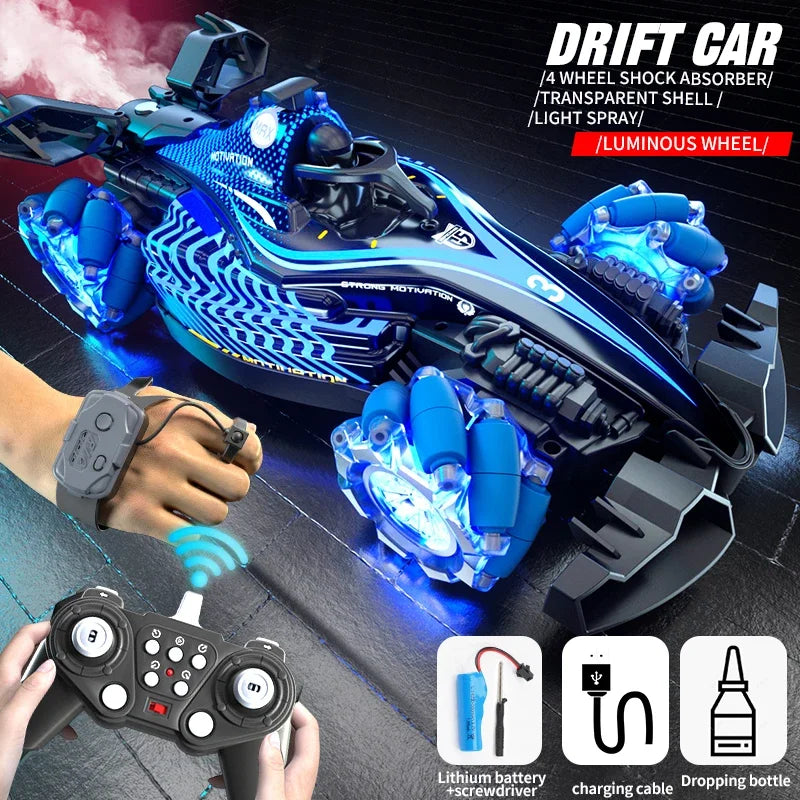 Voiture RC Drift 360° DriftMaster-Fumée Réelle, LED, Son, Télécommande & Bracelet Gestuel