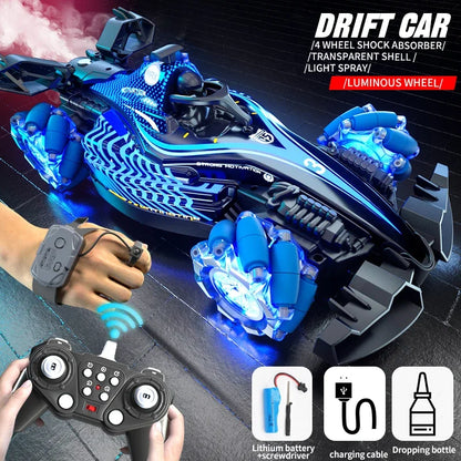 Voiture RC Drift 360° DriftMaster-Fumée Réelle, LED, Son, Télécommande & Bracelet Gestuel