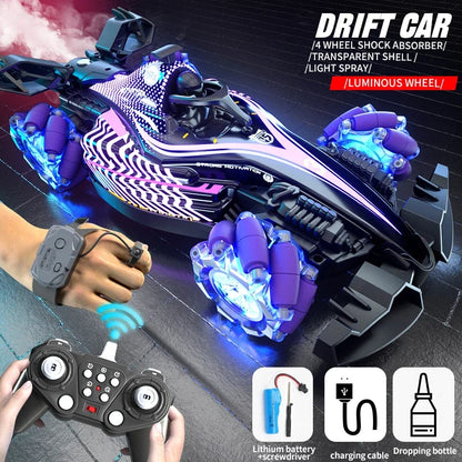 Voiture RC Drift 360° DriftMaster-Fumée Réelle, LED, Son, Télécommande & Bracelet Gestuel